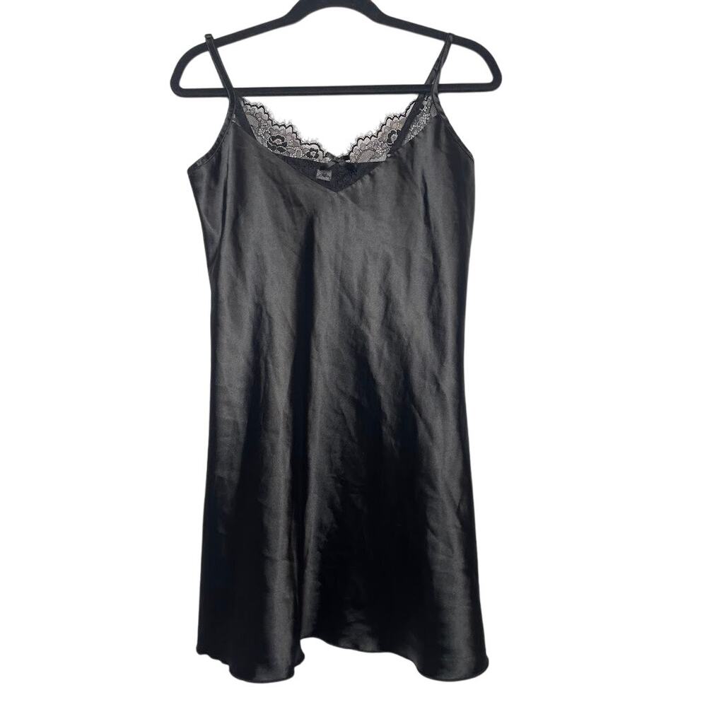 Satin Lace Trim Chemise Black Nightgown Womens Medium Sexy Mini Slip Dress